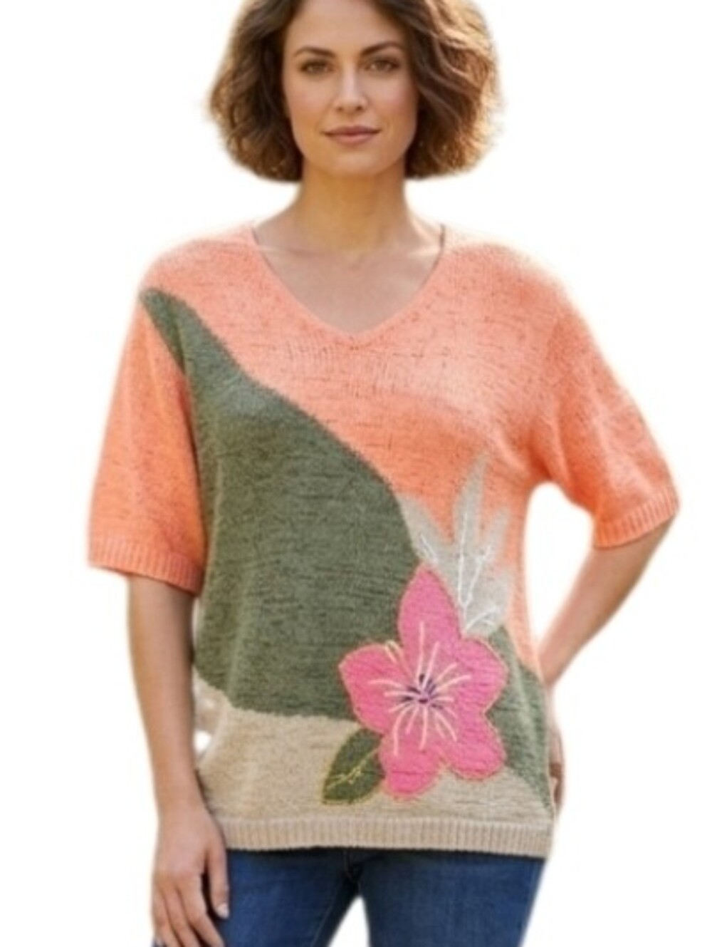 Koret Woman Short Sleeve Knit Blouse Orange Multicolor Plus Size XXL